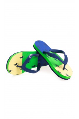 Yellow-green-and-blue flip-flops, Polo Ralph Lauren