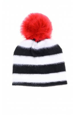 Black and white horizontal striped with a red tassel beanie, T-LOVE