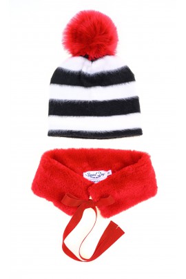 Black and white horizontal striped with a red tassel beanie, T-LOVE