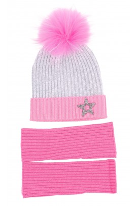 Grey beanie with pink tassel for girls, ELSY