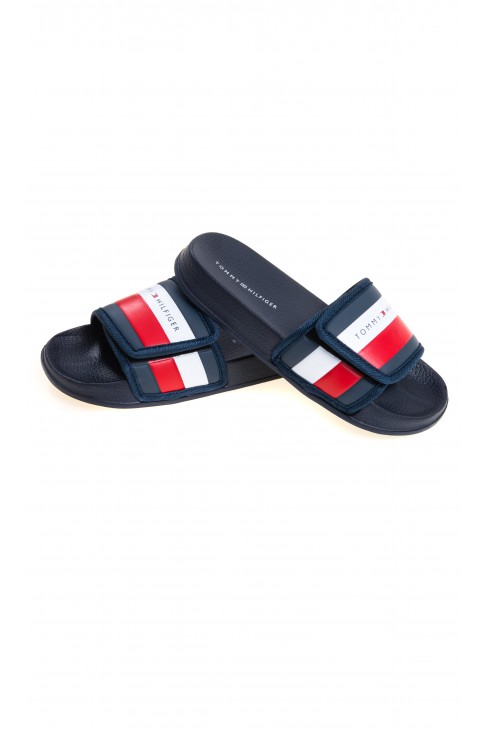 White and red Velcro slippers for boys, Tommy Hilfiger