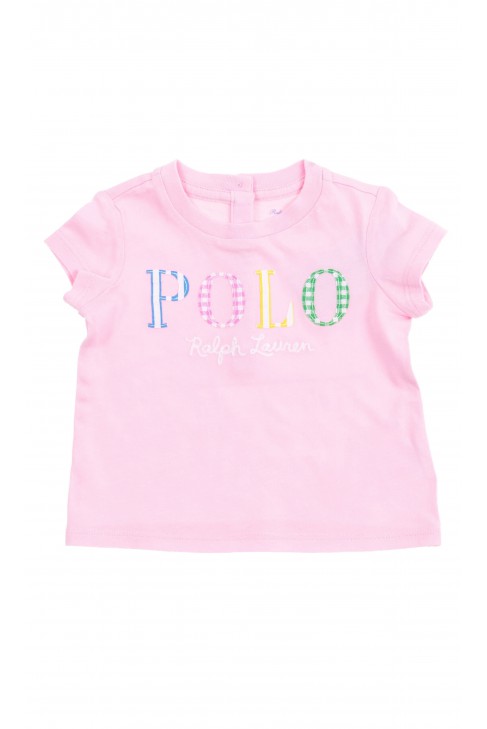 Pink baby T-shirt with POLO slogan on the front, Ralph Lauren
