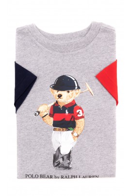 Grey T-shirt with the iconic teddy bear for boys, Polo Ralph Lauren