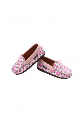 White moccasins with pink flowers for girls, Atlanta Mocassin