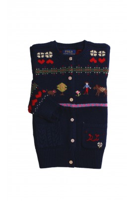 Navy blue girls' cardigan with fancy coloured patterns, Polo Ralph Lauren