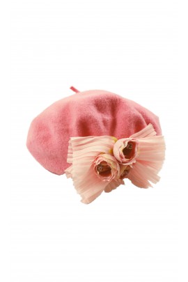 Pink girls' beret with decorative flowers, Patachou