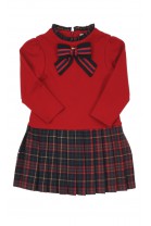Elegant red dress with a pleated checkered bottom, Patachou