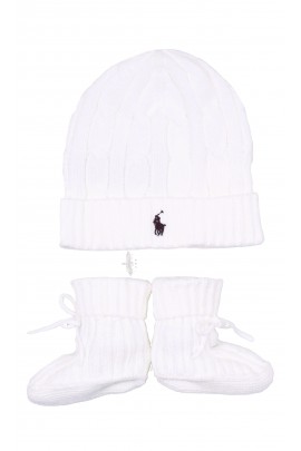 White baby set: hat and shoes, Ralph Lauren