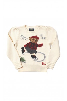 Ecru Girls' Sweater with an Embroidered Teddy Bear, Polo Ralph Lauren